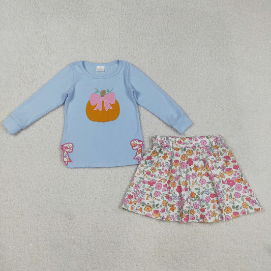 GLD1172  Baby Girls Blue Long Sleeves Bows Pumpkin Top Flowers Skorts Set D 903