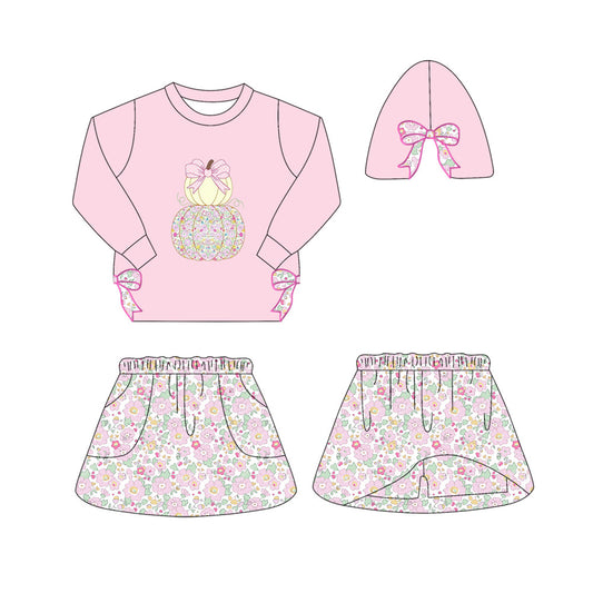 presale GLD1173 Baby Girls Pink Long Sleeves Bows Pumpkins Top Flowers Skorts Set D 6.26