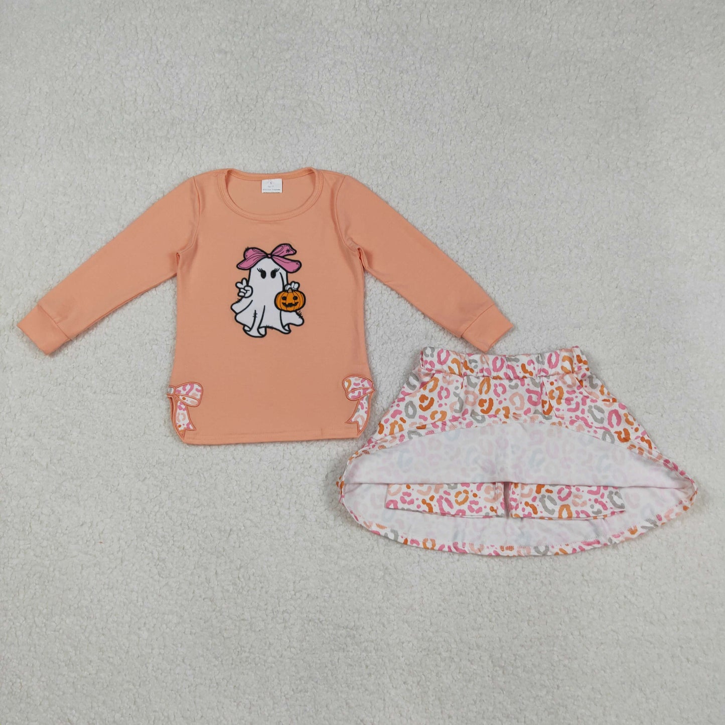 GLD1174  Baby Girls Peach Long Sleeves Bows Ghost Pumpkins Top Leopard Skorts Set D 904