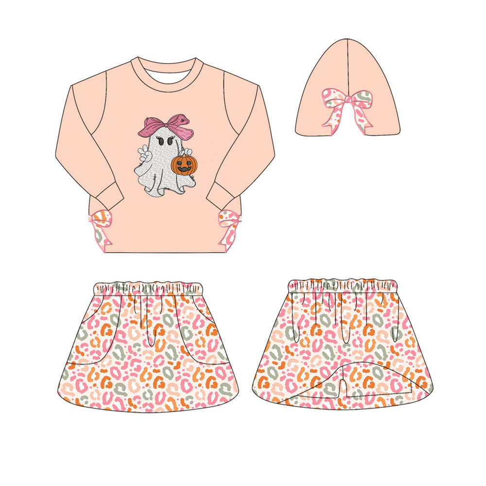 GLD1174  Baby Girls Peach Long Sleeves Bows Ghost Pumpkins Top Leopard Skorts Set D 904