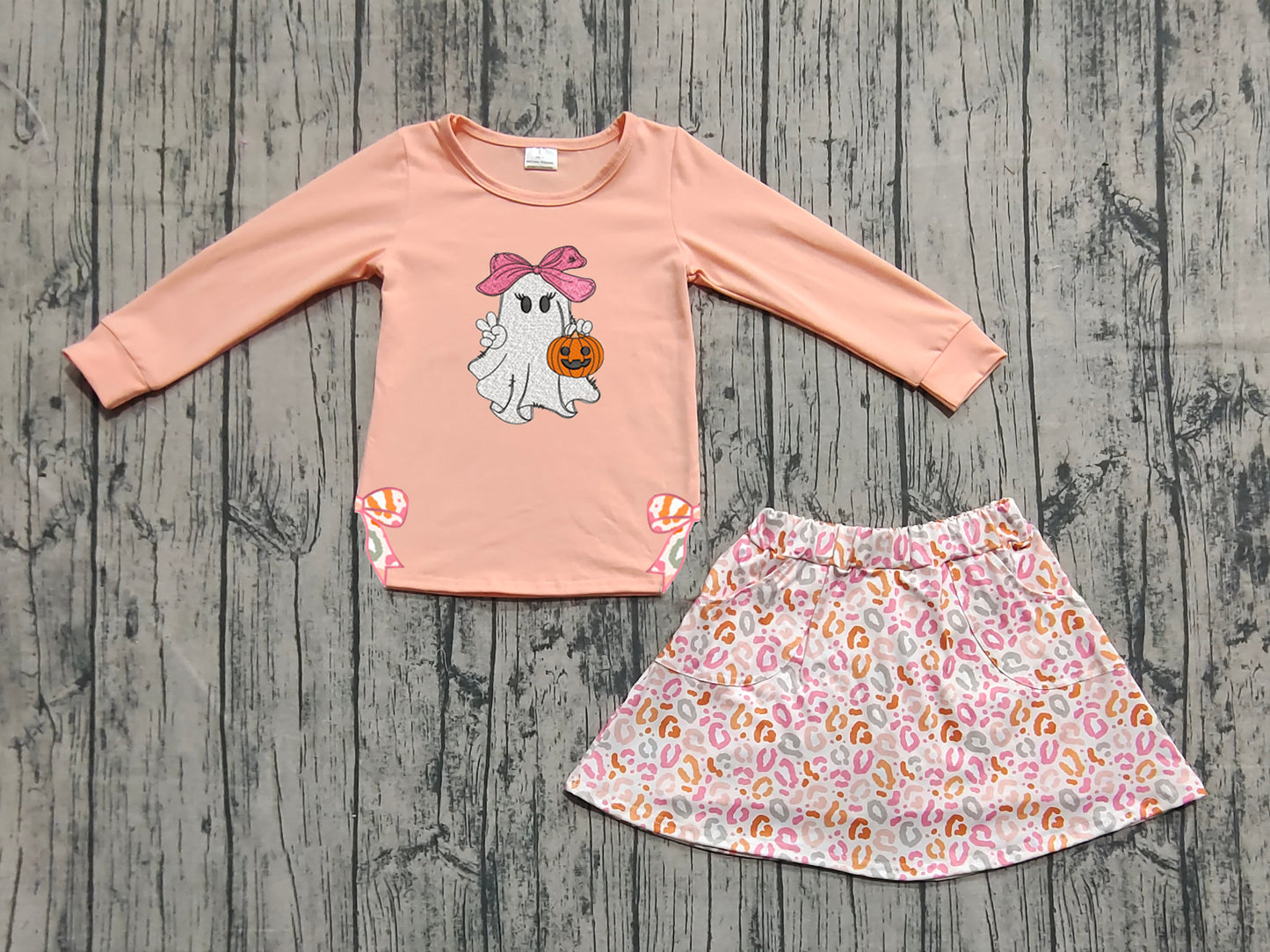 GLD1174  Baby Girls Peach Long Sleeves Bows Ghost Pumpkins Top Leopard Skorts Set D 904