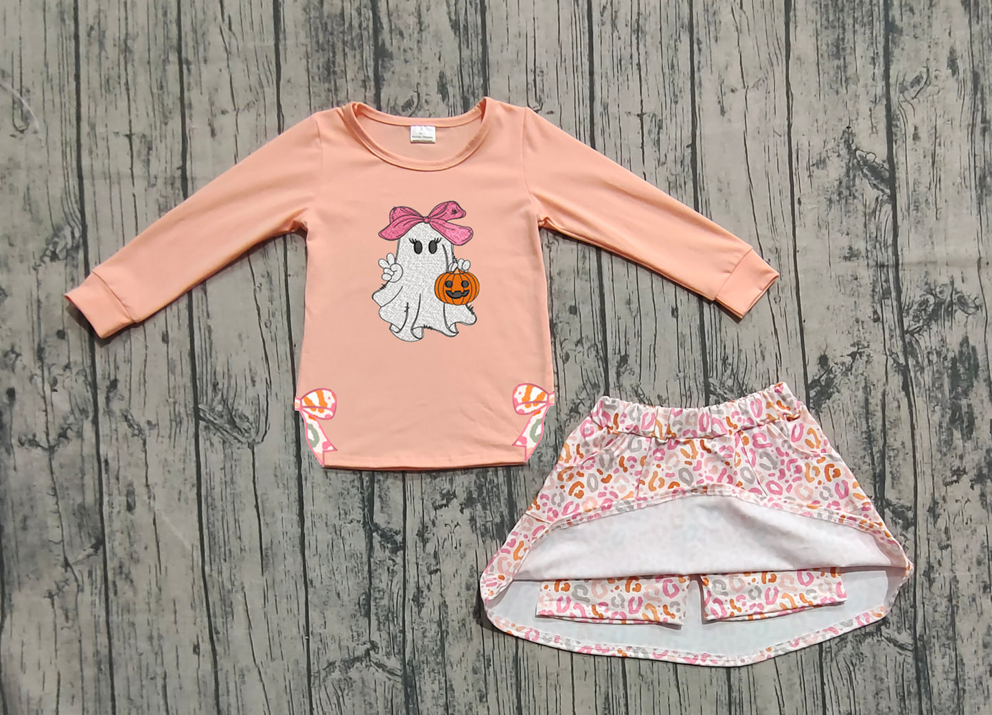 GLD1174  Baby Girls Peach Long Sleeves Bows Ghost Pumpkins Top Leopard Skorts Set D 904