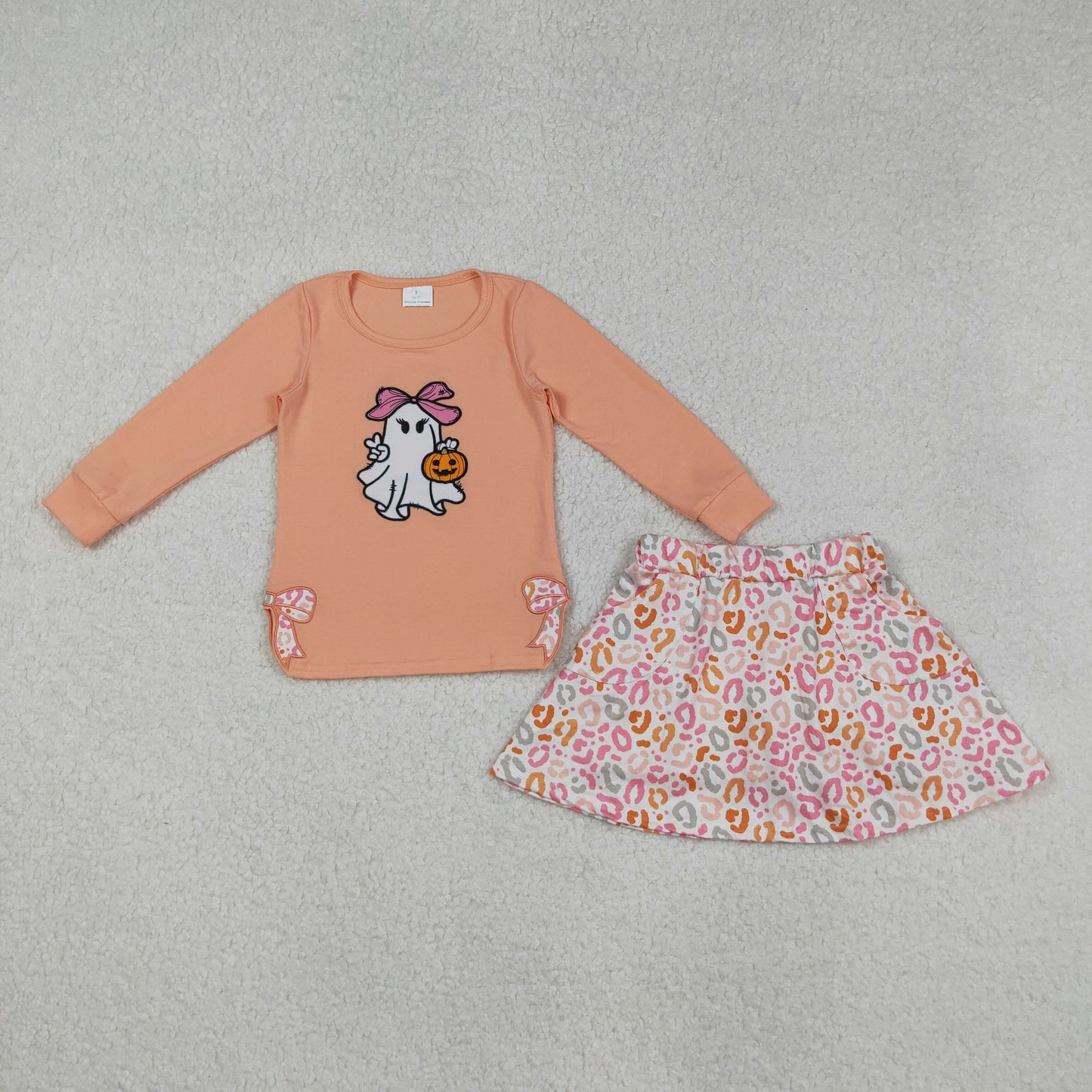 GLD1174  Baby Girls Peach Long Sleeves Bows Ghost Pumpkins Top Leopard Skorts Set D 904