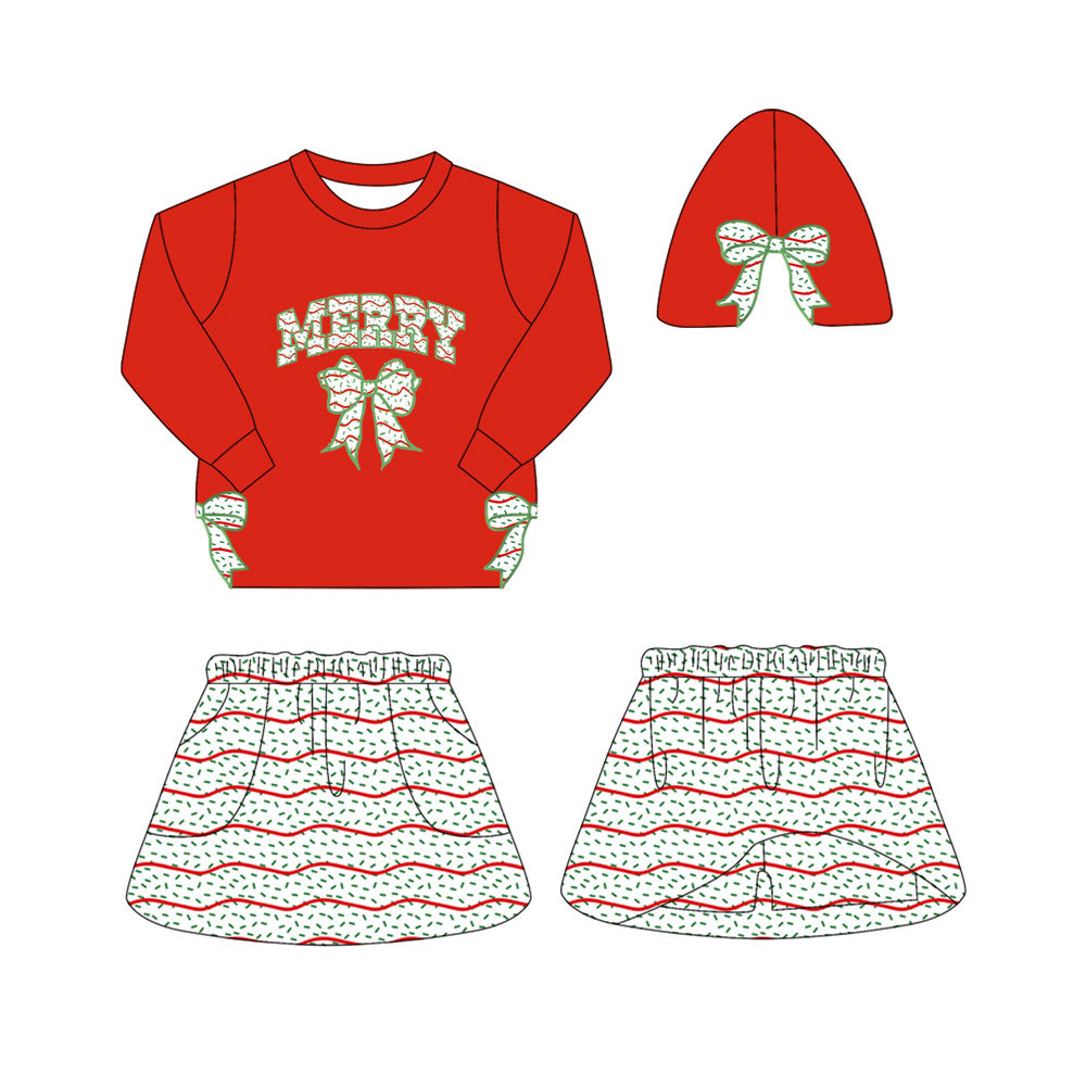presale GLD1175 Baby Girls Red Long Sleeves Bows Merry Top Stripes Skorts Set  D 6.26