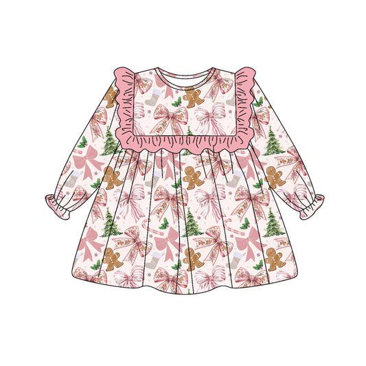 presale GLD1176  Baby Girls Blue Long Ruffle Sleeves Pink Gingerbread Bows Knee Length Dresses  D 6.30