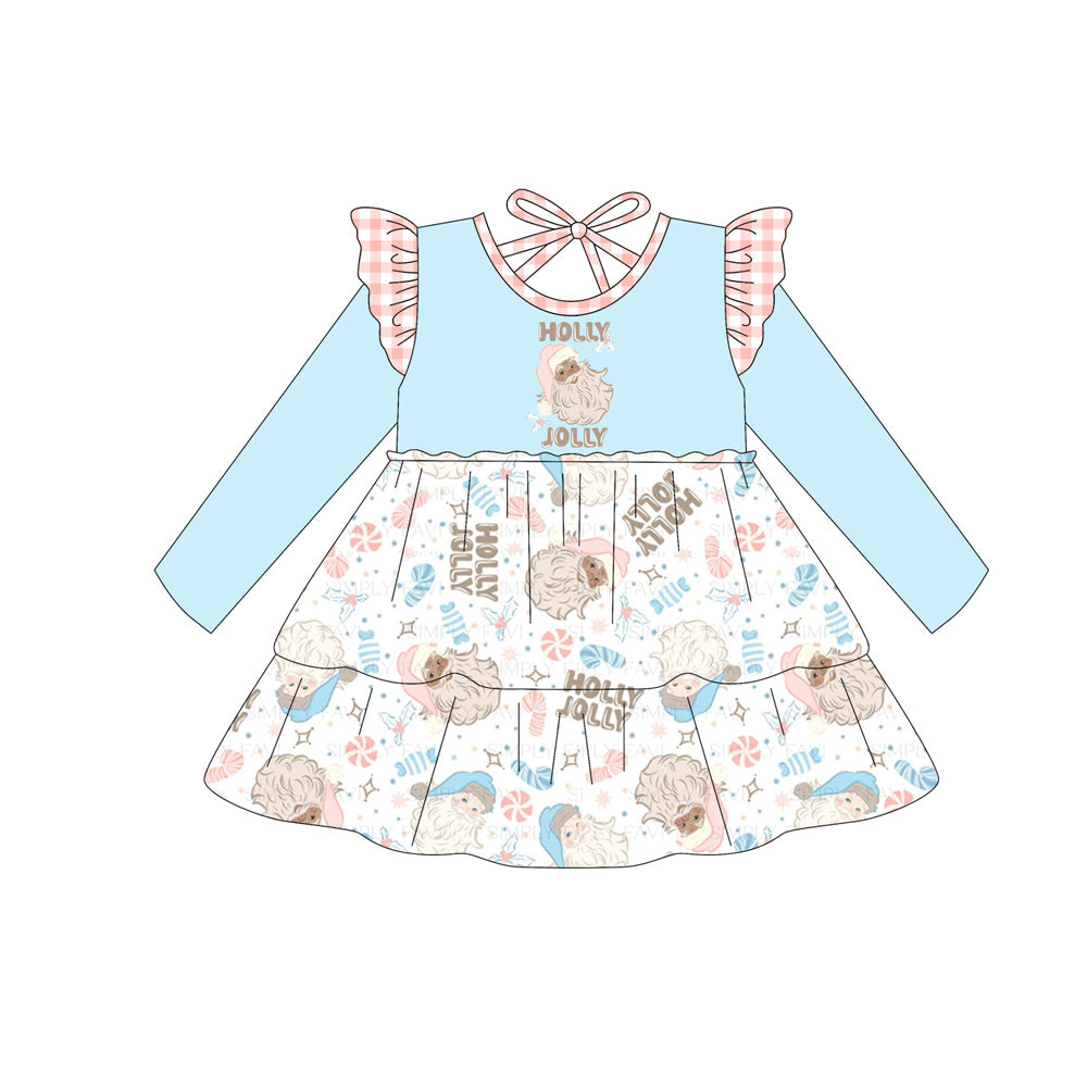 presale GLD1177  Baby Girls Blue Long Sleeves Holly Santa Plaid Knee Length Dresses D 7.1