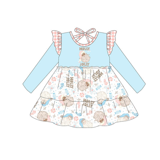 presale GLD1177 Baby Girls Blue Long Sleeves Holly Santa Plaid Knee Length Dresses D 7.1