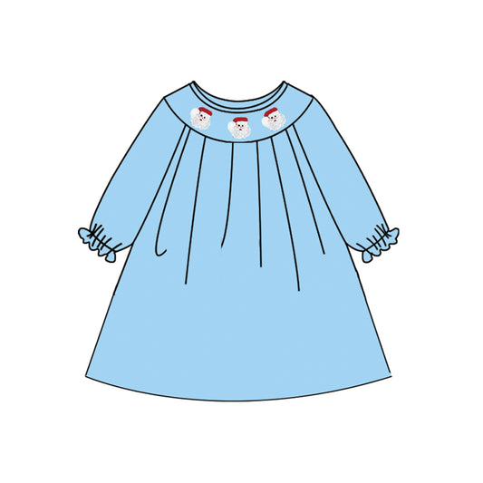 presale GLD1178  Baby Girls Blue Long Ruffle Sleeves Smocked Santa Knee Length Dresses D 7.1