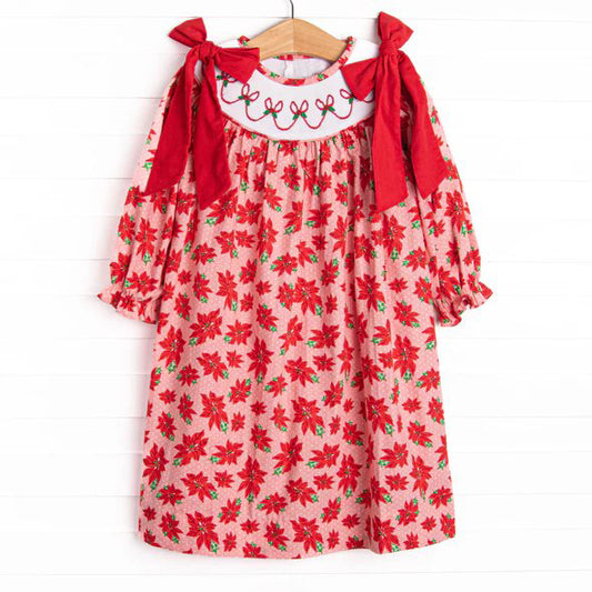 presale GLD1179 Baby Girls Red Long Ruffle Sleeves Bows Holly Plaid Knee Length Dresses  D 7.3