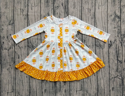 presale GLD1180 Baby Girls Long Ruffle Sleeves Pumpkin Bows Plaid Knee Length Dresses  D 7.3
