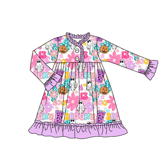 presale GLD1181  Baby Girls Long Ruffle Sleeves Flowers Ghosts Button Knee Length Dresses  D 7.3