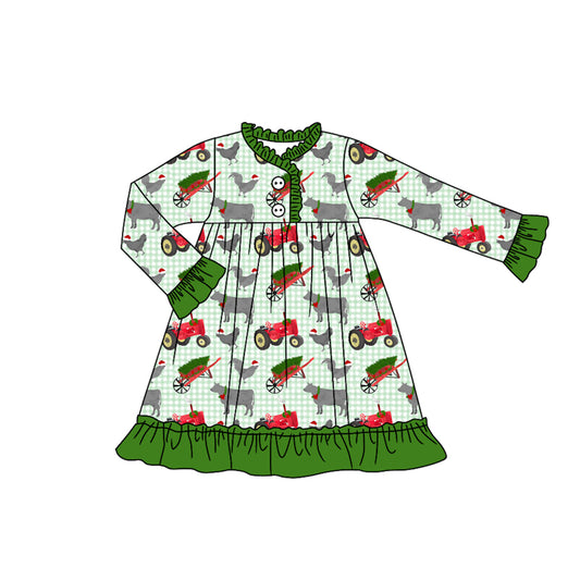 presale GLD1182 Baby Girls Green Plaid Christmas Hats Farm Button Knee Length Dresses  D 7.4