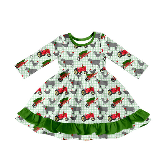 presale GLD1183  Baby Girls Green Plaid Christmas Hats Farm Ruffle Knee Length Dresses D 7.4