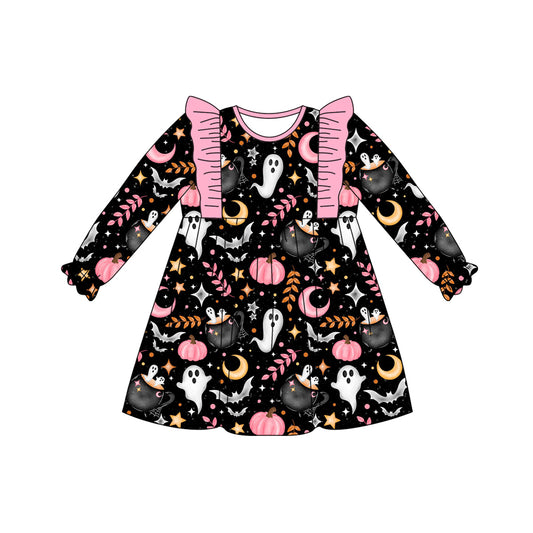 presale GLD1186 Baby Girls Black Long Ruffle Sleeves Ghosts Pumpkins Knee Length Dresses   D 7.5