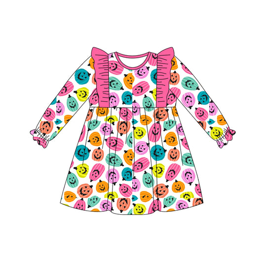 presale GLD1187 Baby Girls Long Ruffle Sleeves Colorful Ghost Pumpkins Knee Length Dresses D 7.5