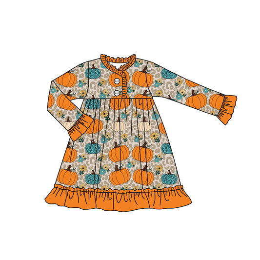 presale GLD1189  Baby Girls Long Sleeves Leopard Pumpkins Flowers Button Ruffle Knee Length Dresses  D 7.8