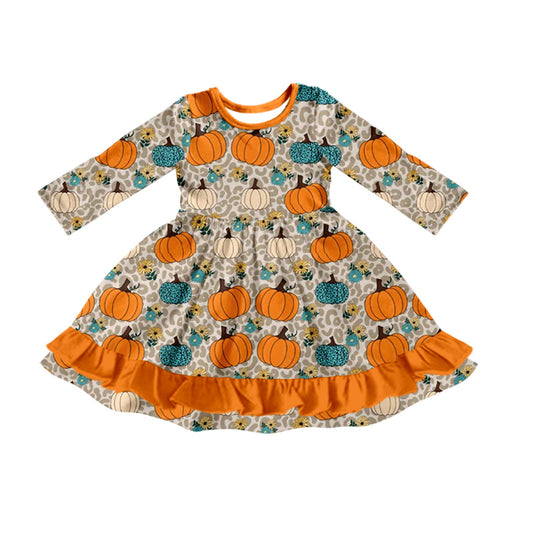 presale GLD1190 Baby Girls Long Sleeves Leopard Pumpkins Flowers Ruffle Knee Length Dresses  D 7.8