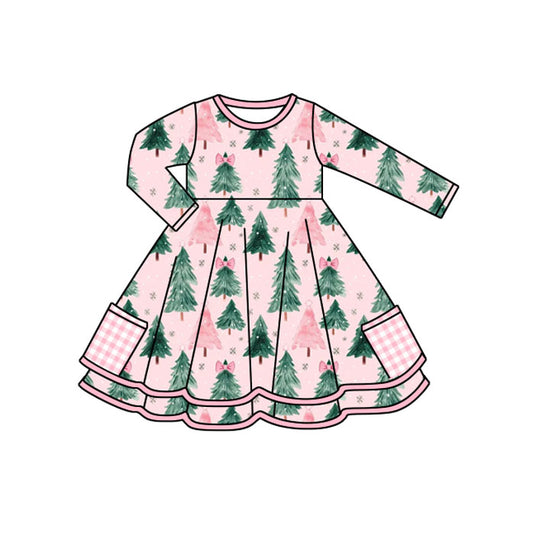 presale GLD1191 Baby Girls Pink Long Sleeves Bows Trees Pockets Ruffle Knee Length Dresses  D 7.8