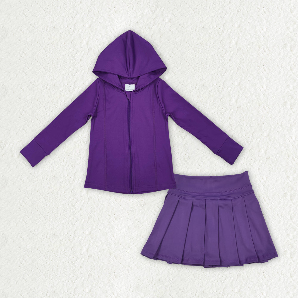 GLD1192 Purple zipper hooded jacket pleated skirt girls active set  D 7.8