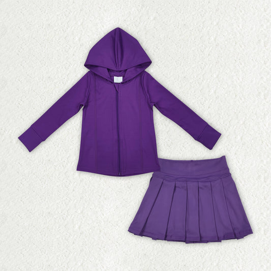 GLD1192 Purple zipper hooded jacket pleated skirt girls active set  D 7.8