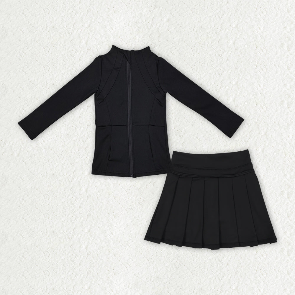 GLD1193 Black zipper jacket pleated skirt girls activewear set  D 1014