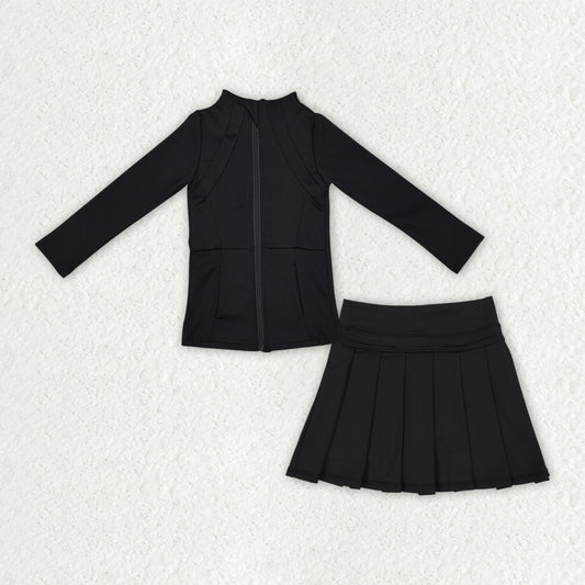 GLD1193 Black zipper jacket pleated skirt girls activewear set  D 1014