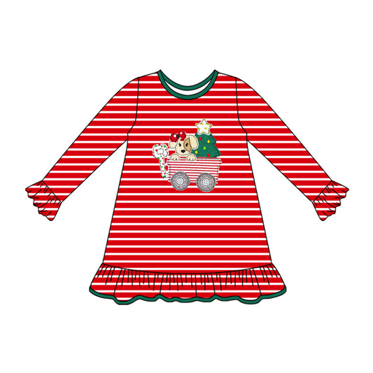 presale GLD1194  Baby Girls Long Ruffle Sleeves Christmas Trees Trucks Knee Length Dresses D 7.8