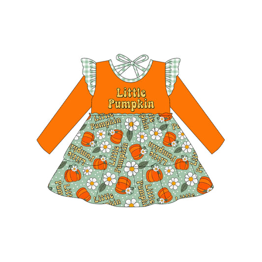 presale GLD1195 Baby Girls Long Sleeves Little Pumpkins Flowers Plaid Knee Length Dress D 7.11