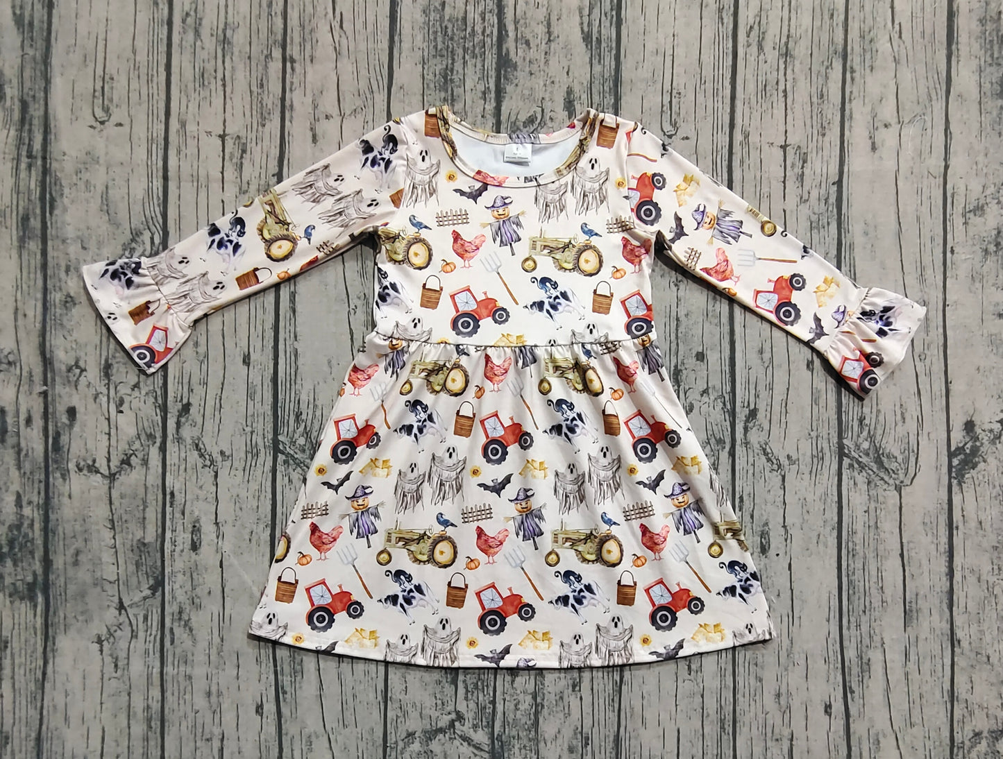 GLD1196  Baby Girls Long Ruffle Sleeves Trucks Chicks Farm Knee Length Dresses   D 7.16