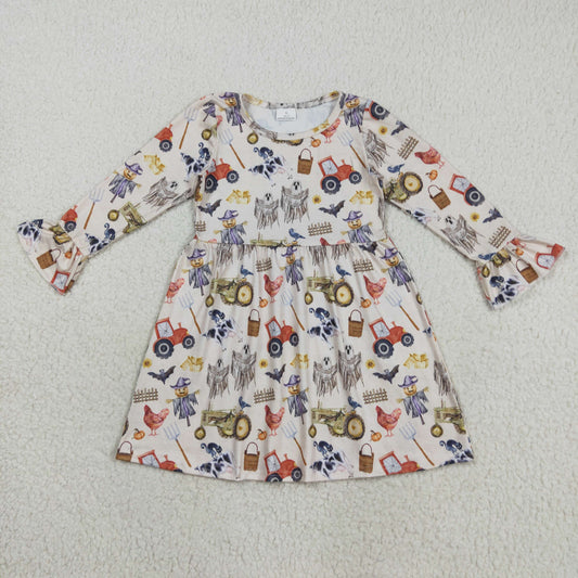 GLD1196  Baby Girls Long Ruffle Sleeves Trucks Chicks Farm Knee Length Dresses   D 7.16