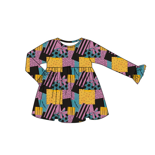 presale GLD1197  Baby Girls Long Ruffle Sleeves Purple Bows Plaid Knee Length Dresses  D 7.11