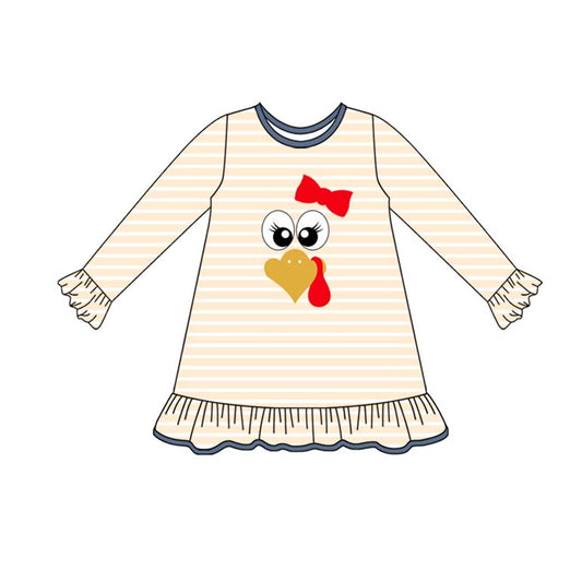 presale GLD1198   Baby Girls Long Ruffle Sleeves Stripe Turkey Knee Length Dresses D 7.11