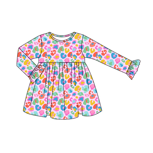presale GLD1202 Baby Girls Long Ruffle Sleeves Colorful Leopard Knee Length Dresses  D 7.14