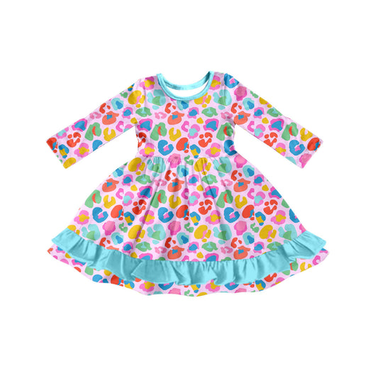 presale GLD1203 Baby Girls Long Sleeves Colorful Leopard Ruffle Knee Length Dresses D 7.14