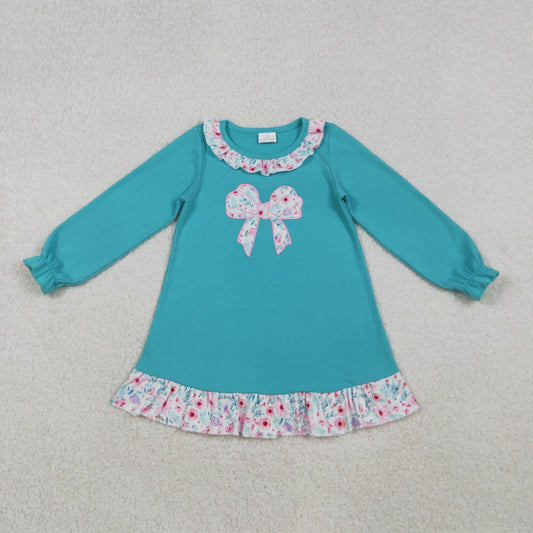 GLD1204 Baby Girls Aqua Long Ruffle Sleeves Floral Bows Knee Length Dresses D 1023
