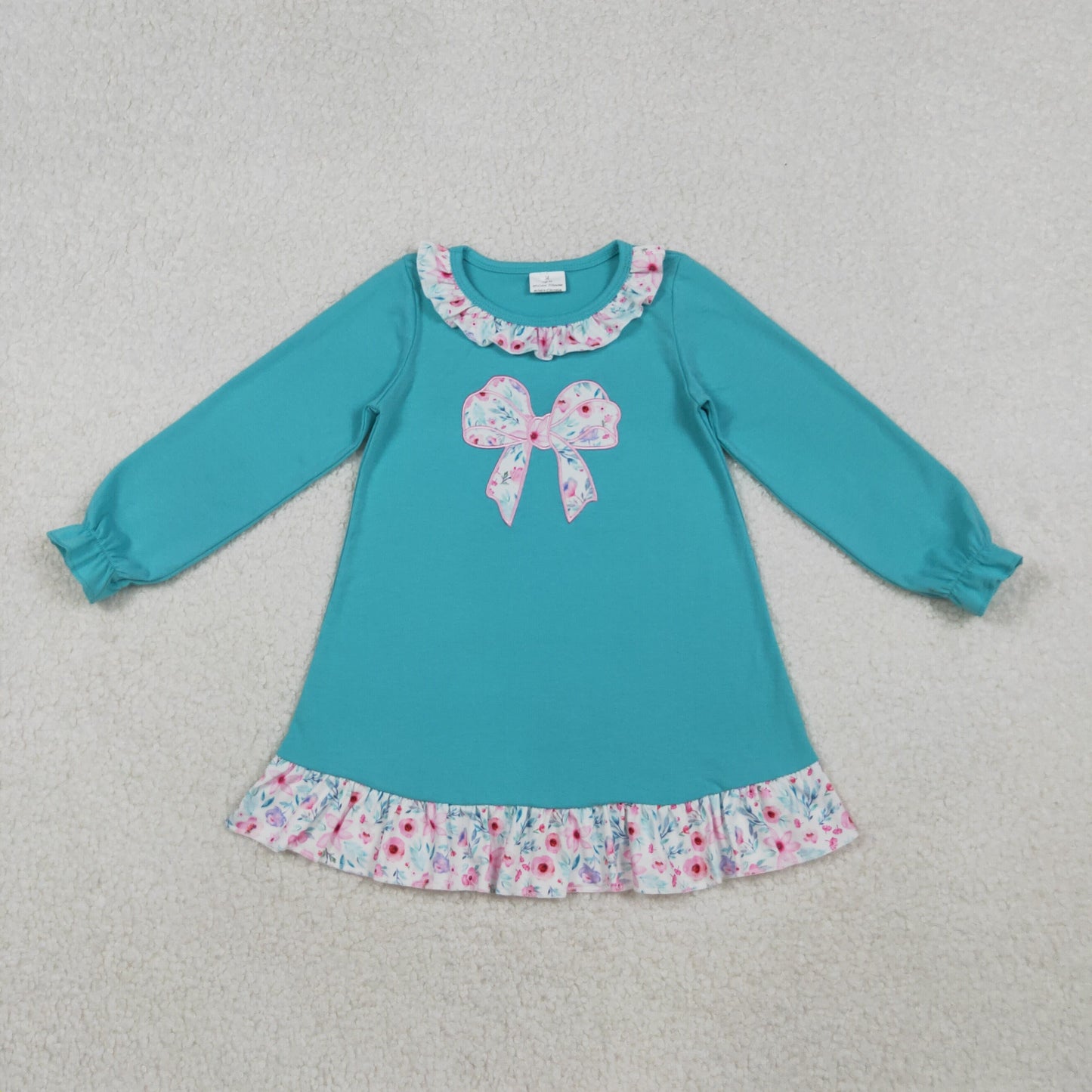 GLD1204 Baby Girls Aqua Long Ruffle Sleeves Floral Bows Knee Length Dresses D 1023