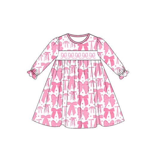 presale GLD1205 Baby Girls Long Ruffle Sleeves Pink Bows Plaid Knee Length Dress  D 7.15