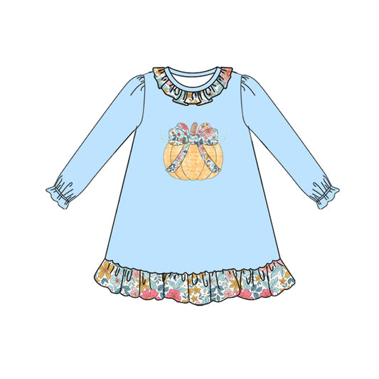 presale GLD1206 Baby Girls Long Ruffle Sleeves Floral Pumpkins Knee Length Dress  D 7.15