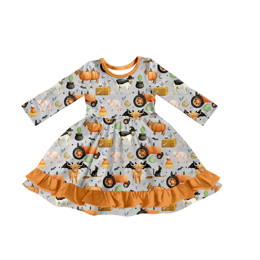 presale GLD1207  Baby Girls Long Sleeves Bats Farm Pumpkins Ruffle Knee Length Dress  D 7.15