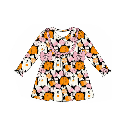 presale GLD1209 Baby Girls Long Ruffle Sleeves Ghost Pumpkins Bows Knee Length Dress  D 7.15