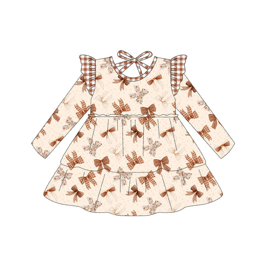 presale GLD1210 Baby Girls Long Sleeves Khaki Bows Plaid Knee Length Dresses   D 7.15
