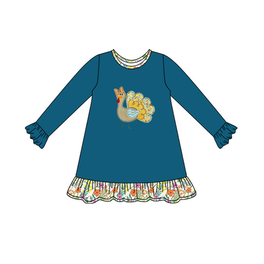 presale GLD1211 Baby Girls Long Sleeves Floral Turkey Ruffle Knee Length Dresses D 7.15