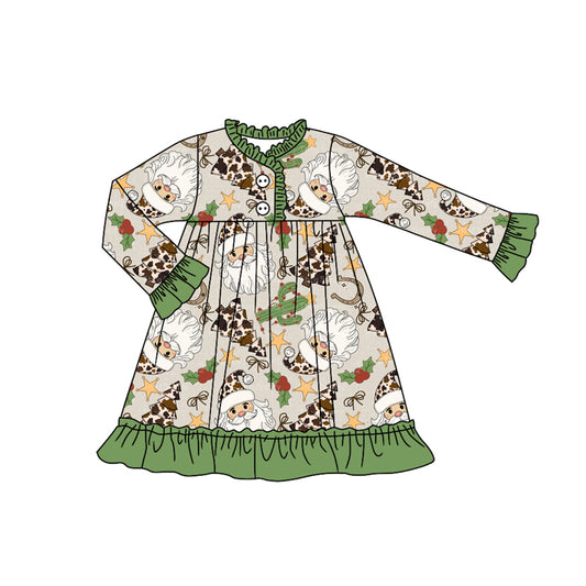presale GLD1214 Baby Girls Long Ruffle Sleeves Santa Cactus Plaid Button Knee Length Dresses   D 7.15