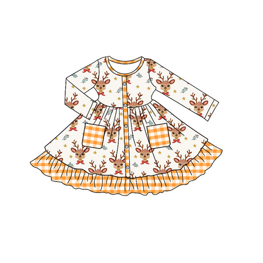 presale GLD1215 Baby Girls Long Sleeves Deer Holly Button Pockets Ruffle Knee Length Dresses   D 7.15