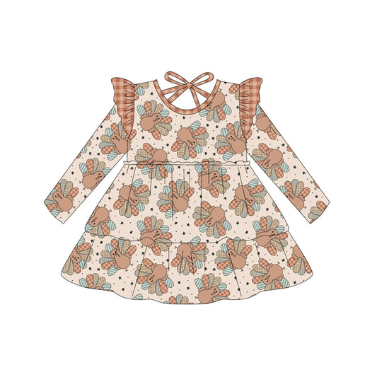 presale GLD1217 Baby Girls Long Sleeves Turkey Stars Plaid Knee Length Dresses D 7.16