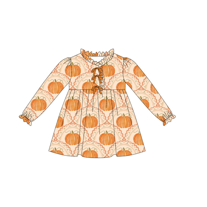 presale GLD1220  Baby Girls Long Ruffle Sleeves Pumpkins Plaid Knee Length Dresses   D 7.17
