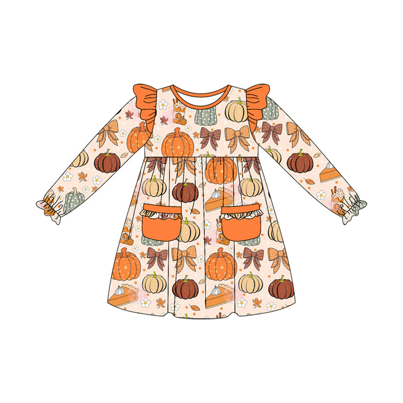 presale GLD1221 Baby Girls Long Ruffle Sleeves Pumpkin Bows Pockets Knee Length Dress  D 7.17