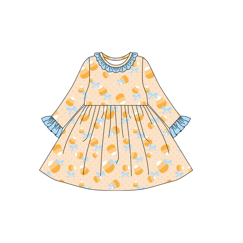 presale GLD1223  Baby Girls Long Ruffle Sleeves Bows Candy Plaid Knee Length Dresses  D 7.17