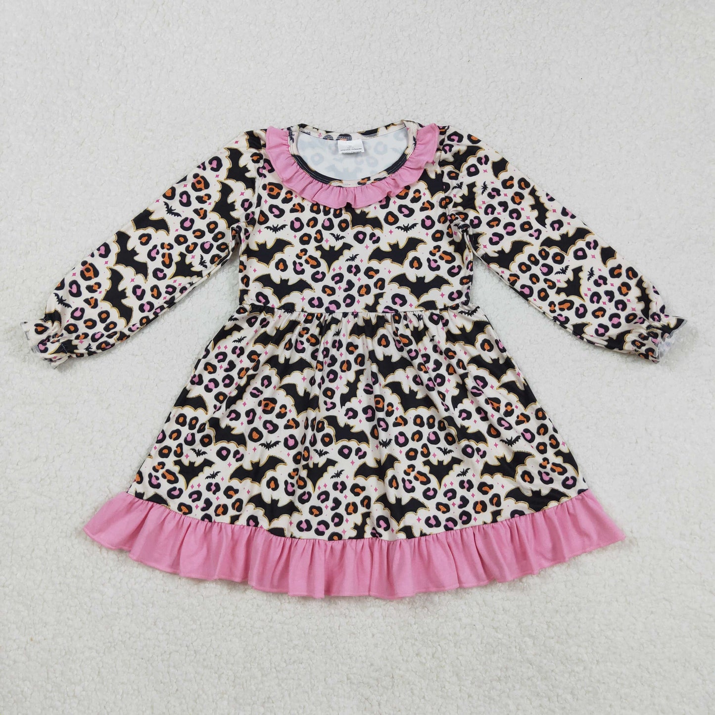GLD1224  Baby Girls Long Ruffle Sleeves Leopard Bats Plaid Knee Length Dresses  D 903