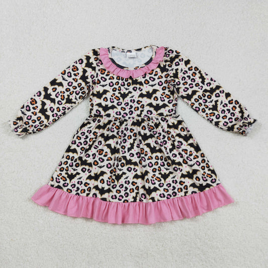 GLD1224 Baby Girls Long Ruffle Sleeves Leopard Bats Plaid Knee Length Dresses D 903